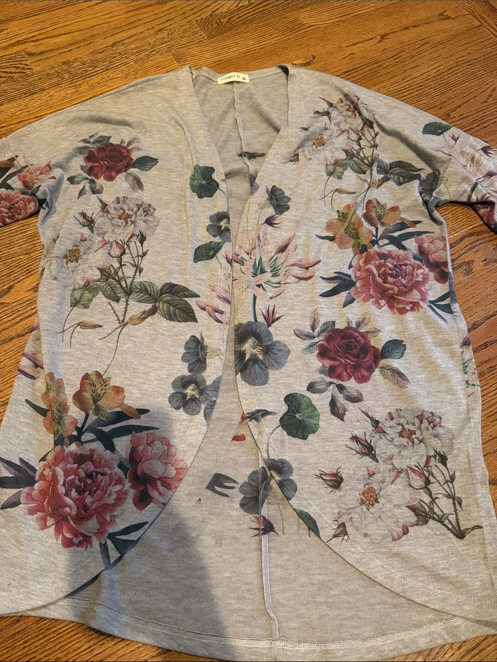 Ginger G Floral Print Open-Front Women's Cardigan Jacket - Light Gray Sz medium